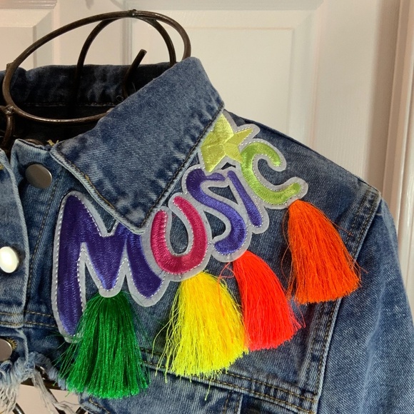 Music Embroidered Denim Tassel Multicolor Crop Jean Jacket Plus Size 3X - Picture 6 of 11